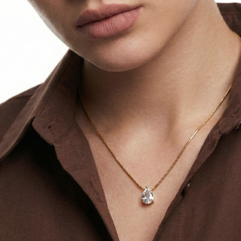 Collier Solitaire - Goutte Oxyde Zirconium Doré